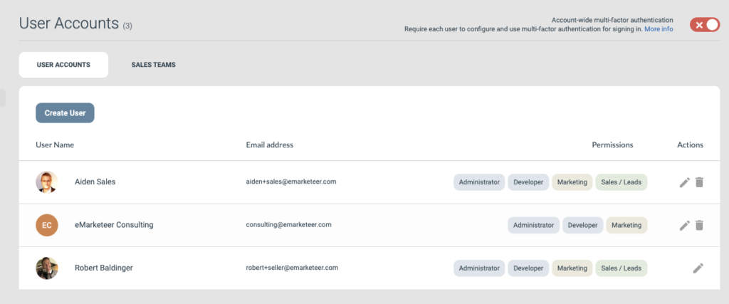 Listan User Accounts som visar befintliga användare och deras tilldelade rättigheter