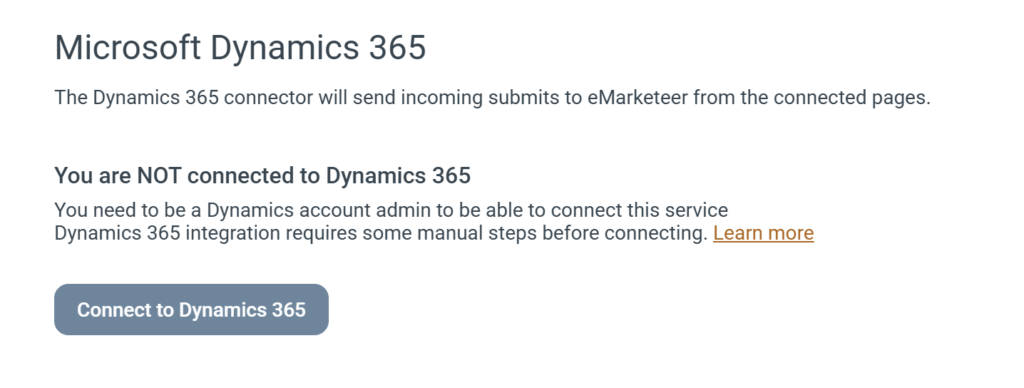 Integrationssidan för Microsoft Dynamics 365 i eMarketeer med Connect-knappen