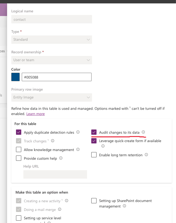 Avancerade alternativ för Contact-tabellen med granskning av ändringar aktiverat
